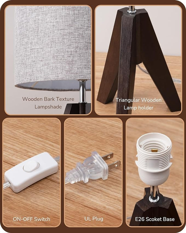 EDISHINE Boho Small Table Lamp, Walnut Color Wooden Tripod Bedside Lamp, Farmhouse Nightstand Lamp for Nursery, Bedroom, Office, Kid Room, Living Room, Grey Linen Lampshade, E26 Socket, 14.2 Inch - LeafyLoom