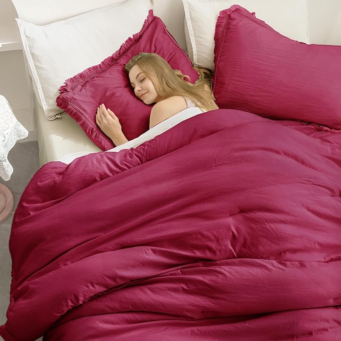 Andency Burgundy Red Tassel Comforter Set Twin(68x90Inch), 2 Pieces(1 boho Comforter, 1 Pillowcase) Farmhouse Shabby Chic Comforter Set, Soft Microfiber Lightweight Fringe Bedding Comforter Set - LeafyLoom