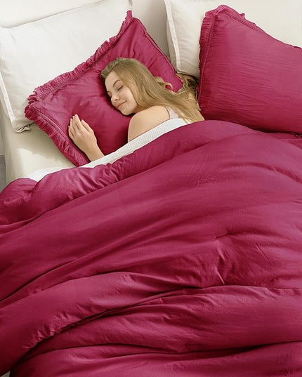Andency Burgundy Red Tassel Comforter Set Full(79x90Inch), 3 Pieces(1 boho Comforter, 2 Pillowcases) Farmhouse Shabby Chic Comforter Set, Soft Microfiber Lightweight Fringe Bedding Comforter Set - LeafyLoom