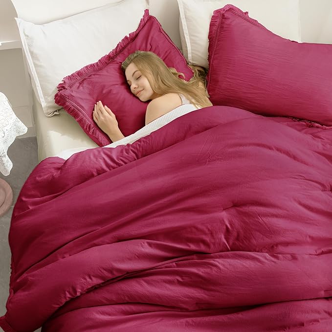 Andency Burgundy Red Tassel Comforter Set Full(79x90Inch), 3 Pieces(1 boho Comforter, 2 Pillowcases) Farmhouse Shabby Chic Comforter Set, Soft Microfiber Lightweight Fringe Bedding Comforter Set - LeafyLoom