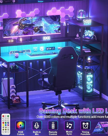 Cyclysio 55 inch Gaming Desk with LED Light, Adjustable Computer Desk with Storage Shelves, Home Office Desk with Power Outlets, Computer Gaming Desk with Long Monitor Stand for Small Space, Black - LeafyLoom