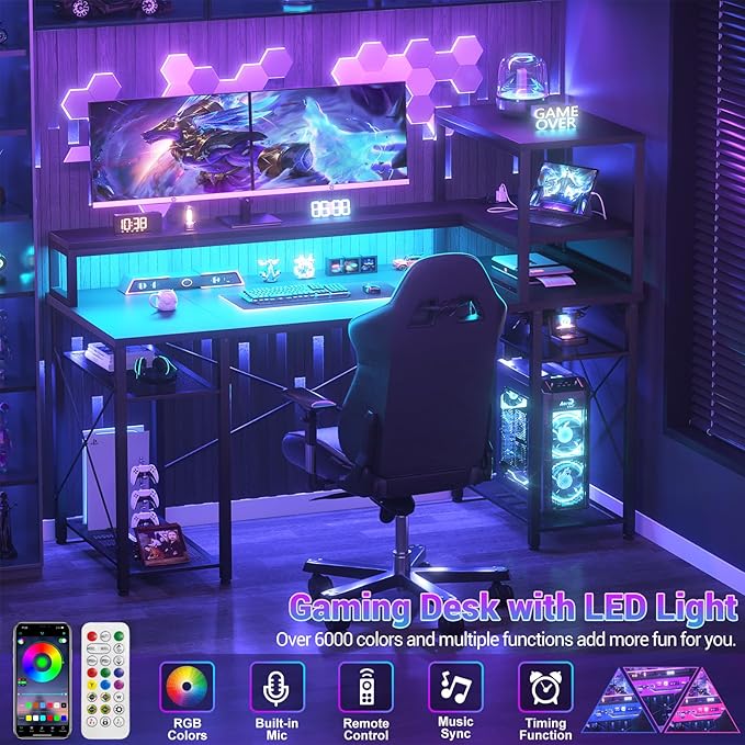 Cyclysio 55 inch Gaming Desk with LED Light, Adjustable Computer Desk with Storage Shelves, Home Office Desk with Power Outlets, Computer Gaming Desk with Long Monitor Stand for Small Space, Black - LeafyLoom