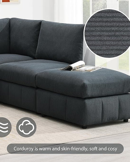 93" Sectional Couch with Convertible Ottomans, 5-Seat Armless Modular Sofa with Vertical Stripes, Freely Combinable Couch Sectionals for Living Room, Apartment - LeafyLoom