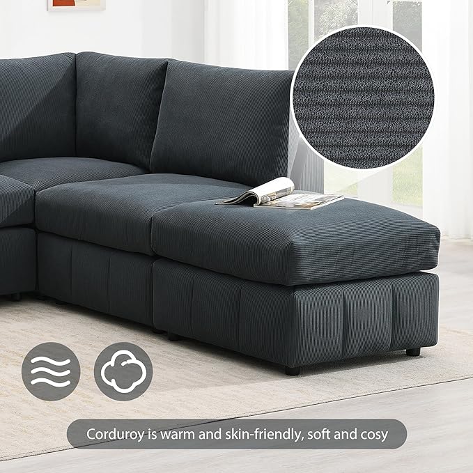 93" Sectional Couch with Convertible Ottomans, 5-Seat Armless Modular Sofa with Vertical Stripes, Freely Combinable Couch Sectionals for Living Room, Apartment - LeafyLoom