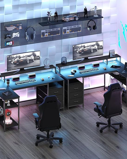 L Shaped Desk with 3 Drawer & 3 Open Shelf, Computer Desk with LED Lights & Power Outlets, Home Office Desk with Reversible Storage Shelves & Monitor Stand, Corner Desk for Small Space - LeafyLoom