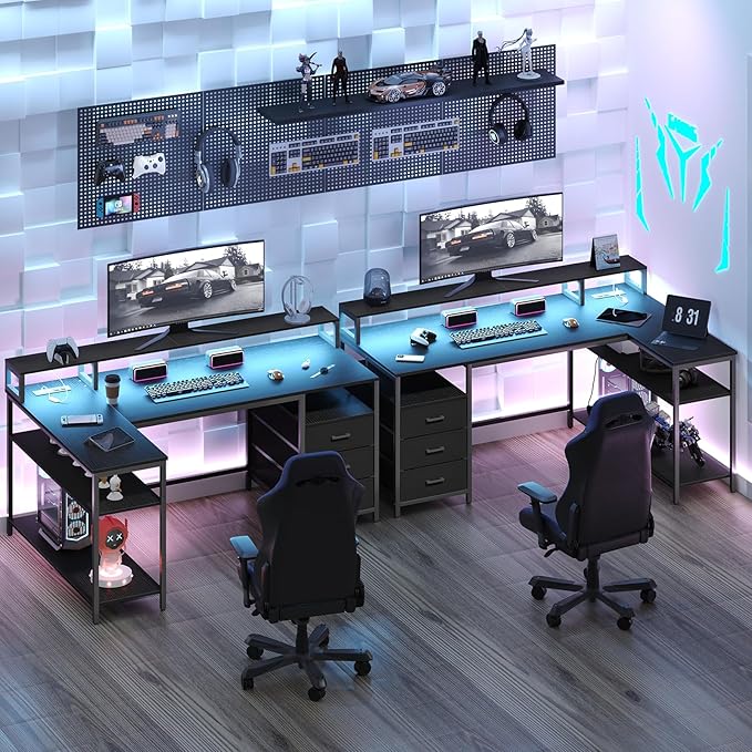 L Shaped Desk with 3 Drawer & 3 Open Shelf, Computer Desk with LED Lights & Power Outlets, Home Office Desk with Reversible Storage Shelves & Monitor Stand, Corner Desk for Small Space - LeafyLoom