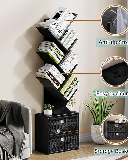 Vagusicc 6 Tier Tree Bookshelf, Modern Floor Standing Bookcase with Storage Drawer, Space Saving Storage Organizer Book Shelves for Books, Tall Wood Storage Rack for Bedroom/Living Room/Home Office - LeafyLoom