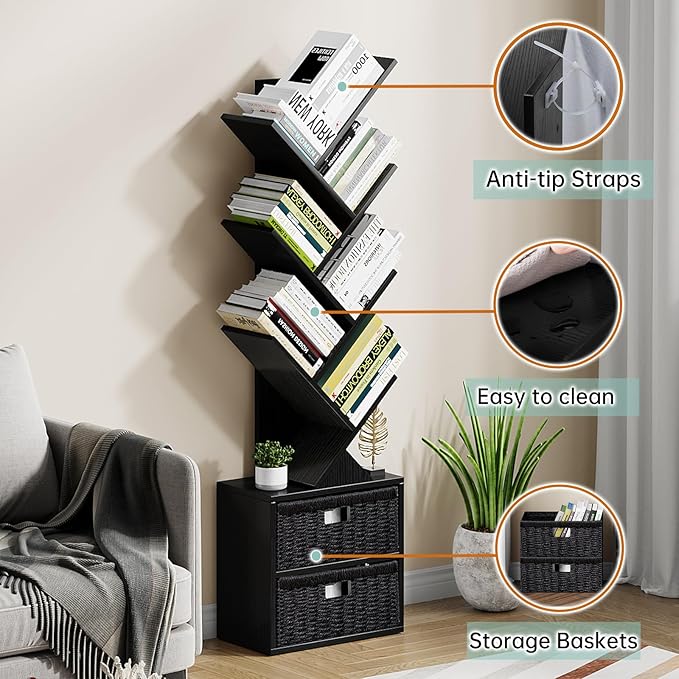 Vagusicc 6 Tier Tree Bookshelf, Modern Floor Standing Bookcase with Storage Drawer, Space Saving Storage Organizer Book Shelves for Books, Tall Wood Storage Rack for Bedroom/Living Room/Home Office - LeafyLoom