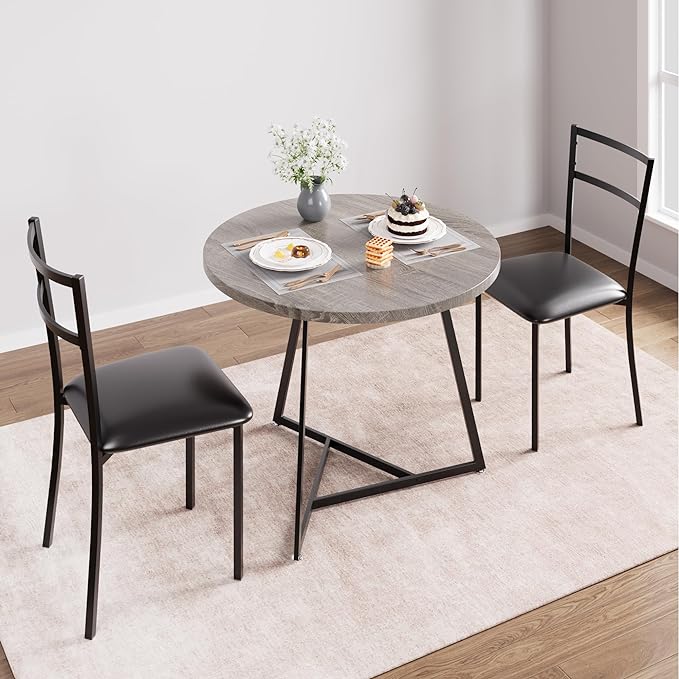 GAOMON Dining Table Set for 2, Kitchen Table and Chairs for 2 with Upholstered Chairs, 3 Piece Dining Room Table Set, Round Kitchen Table Set for Small Space, Apartment, Studio, Rustic Gray - LeafyLoom