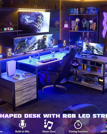 Aheaplus L Shaped Desk with File Drawer, 66" Reversible L Shaped Computer Desk with Power Outlet & LED Strip, Gaming Desk with Monitor Stand, Office Desk Corner Desk with Storage Shelf, White Oak - LeafyLoom
