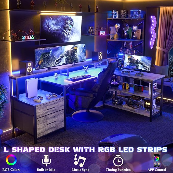 Aheaplus L Shaped Desk with File Drawer, 66" Reversible L Shaped Computer Desk with Power Outlet & LED Strip, Gaming Desk with Monitor Stand, Office Desk Corner Desk with Storage Shelf, White Oak - LeafyLoom