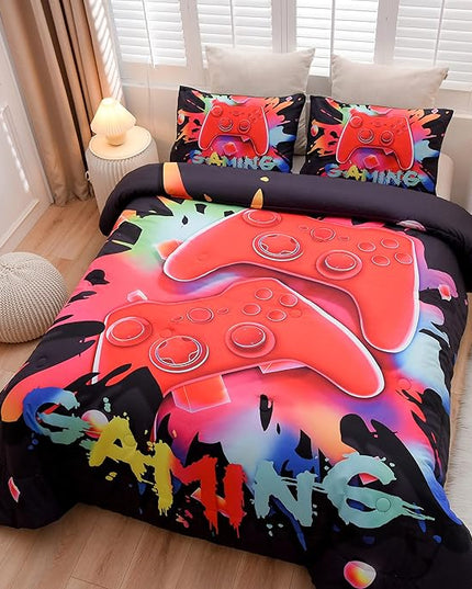 Aimuan Gaming Comforter Sets for Boys Kids Bedding Sets Video Games Console Action Buttons Novelty Colorful Game Gamepad Controller Modern Gamer Room Decor Home Quilt Set (Twin, Black) - LeafyLoom