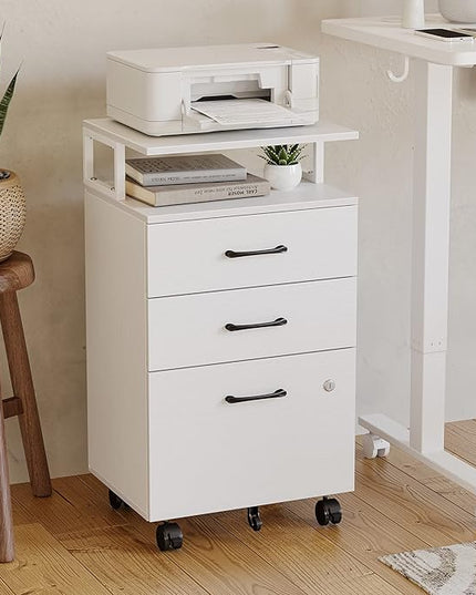 FEZIBO File Cabinet with Lock for Home Office, 3-Drawer Rolling Filing Cabinet, Home Office File Cabinet for A4/Letter/Legal Size, Printer Stand, Wooden Storage Cabinet, White - LeafyLoom