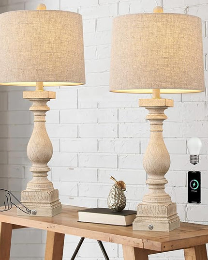 BOBOMOMO 27" Farmhouse 3-Way Dimmable Touch Control Table Lamp Set of 2 with USB A &USB C Charging Ports for Bedroom Living Room Vintage Rustic Traditional Nightstand Bedside Lamps (2 Bulbs Included) - LeafyLoom