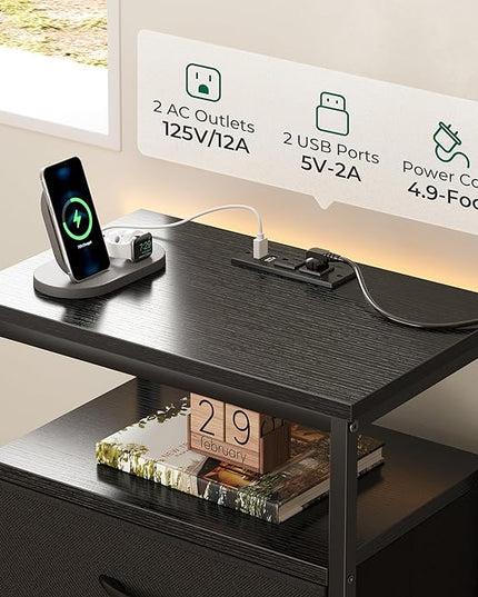 Nightstand with Charging Station, Side Table with Fabric Drawers, End Table with Open Shelf, Bedside Table with USB Ports and Outlets, Night Stand for Bedroom, Black - LeafyLoom