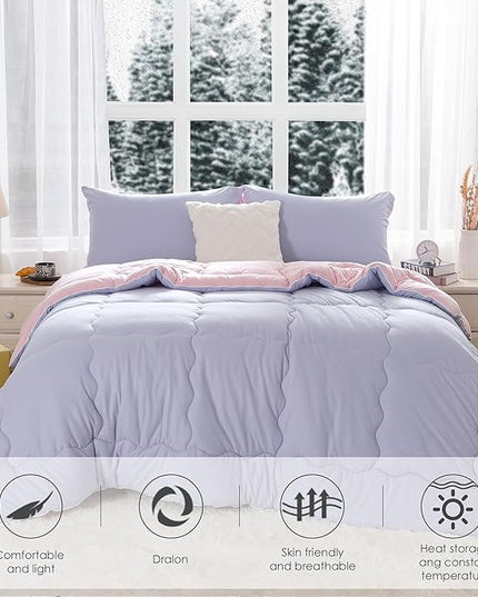 COTTEBED Reversible Ultra-Soft Warm King Size Comforter Set, California Cal King Down Comforter Cozy Fully Breathable Bedding 1 Down Alternative Quilt and 2 Pillowsham Winter Pink and Purple - LeafyLoom