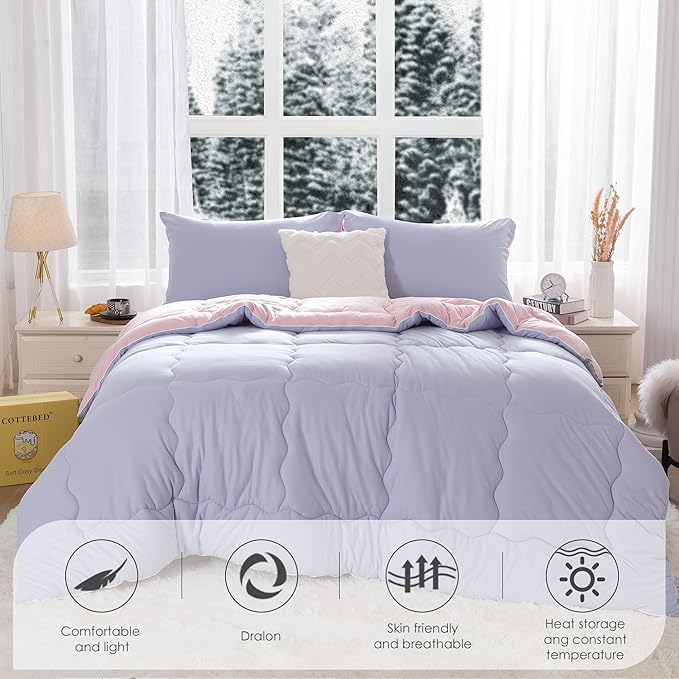 COTTEBED Reversible Ultra-Soft Warm King Size Comforter Set, California Cal King Down Comforter Cozy Fully Breathable Bedding 1 Down Alternative Quilt and 2 Pillowsham Winter Pink and Purple - LeafyLoom
