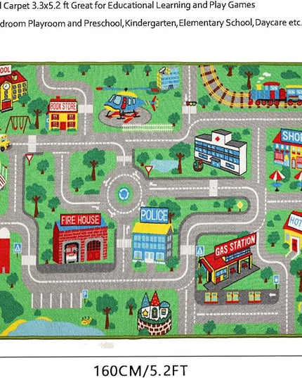 Kids Play Rug for Playroom 5.2x3.3 ft Town City Road Map Car Mat Play Mat Educational Learning Carpet Area Rug for Boy Girl Toddler Bedroom Playroom - LeafyLoom