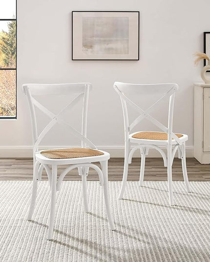 Modway Gear Rustic Modern Farmhouse Elm Wood Rattan Two Dining Chairs in White - LeafyLoom