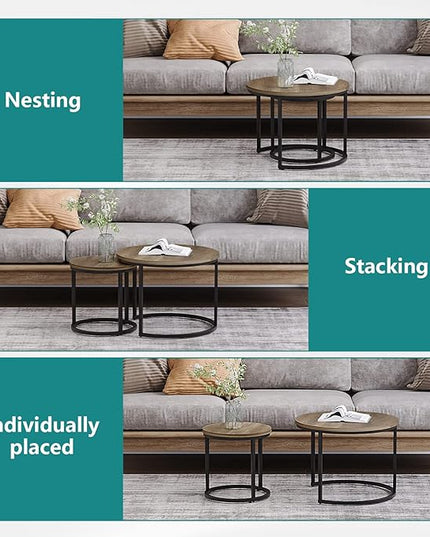 Nesting Coffee Table Set of 2, 23.6" Round Coffee Table Wood Grain Top with Adjustable Non-Slip Feet, Industrial End Table Side Tables for Living Room Bedroom Balcony Yard - LeafyLoom