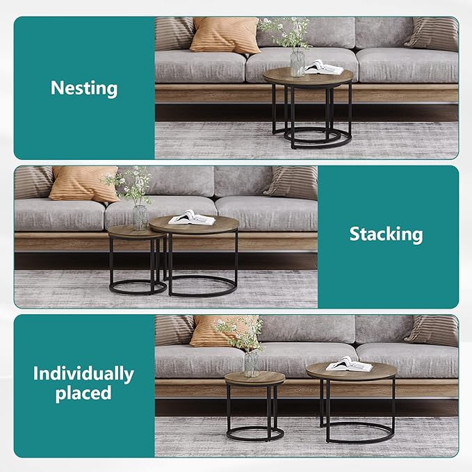 Nesting Coffee Table Set of 2, 23.6" Round Coffee Table Wood Grain Top with Adjustable Non-Slip Feet, Industrial End Table Side Tables for Living Room Bedroom Balcony Yard - LeafyLoom