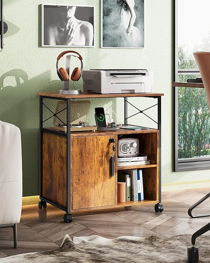 DEVAISE File Cabinet with Charging Station, Lockable Lateral Filing Cabinets for Home Office, Printer Cabinet Accommodates A4/Letter size file folders, Rustic Brown - LeafyLoom