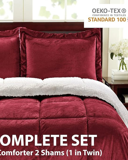 Cathay Home King Comforter Set: Ultra Soft and Plush Reversible Micromink and Sherpa 3-Piece Bedding Set, Burgundy, King (102" x 90") - LeafyLoom
