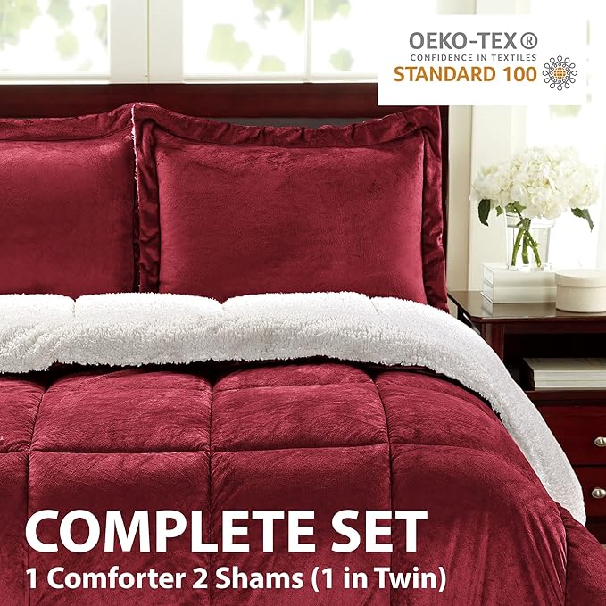 Cathay Home King Comforter Set: Ultra Soft and Plush Reversible Micromink and Sherpa 3-Piece Bedding Set, Burgundy, King (102" x 90") - LeafyLoom