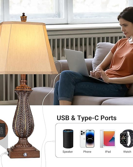 WIHTU 3-Way Dimmable Table Lamps for Bedrooms Set of 2, 30" H Touch Lamps for Living Room with USB & Type-C Ports, Brown Mermaid Bedside Lamp for Nightstand, Resin Farmhouse Rustic Lamp with 2 Bulb - LeafyLoom