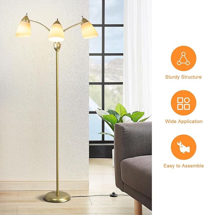 DINGLILIGHTING Floor Lamp Gold for Room: 3-Light Adjustable Flexible Gooseneck Tree Standing Lamp for Bedroom Study Room Office - Modern Multi Head Reading Floor Lights - LeafyLoom