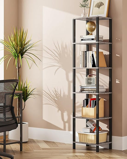 TUTOTAK Bookshelf, 6-Tier Tall Book Shelf, Narrow Bookcase for Small Space, DIY Stackable Bookshelf, for Living Room, Office, Study, Entryway, Industrial, Greige and Black BS01BG006 - LeafyLoom