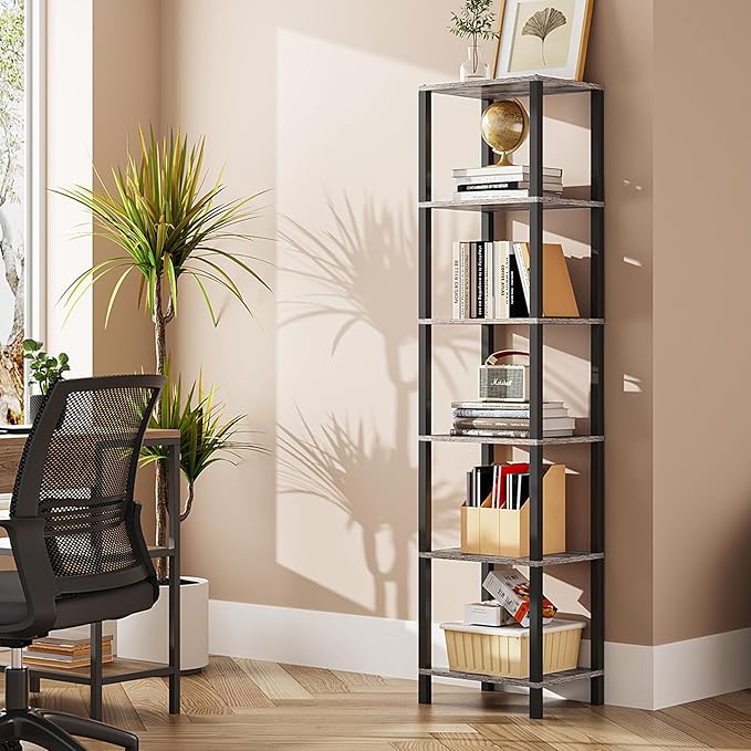 TUTOTAK Bookshelf, 6-Tier Tall Book Shelf, Narrow Bookcase for Small Space, DIY Stackable Bookshelf, for Living Room, Office, Study, Entryway, Industrial, Greige and Black BS01BG006 - LeafyLoom