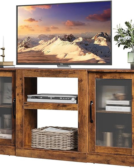 WLIVE TV Stand for 65 Inch TV, Retro Entertainment Center with Glass Cabinet Doors, 58" TV Stands for Living Room and Bedroom, Vintage Television Console, Rustic Brown - LeafyLoom