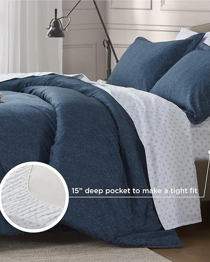 Chambray Queen Comforter Set - Blue Denim Queen Size Bedding Sets, 7 Pieces Soft Bedding for All Seasons with Comforter, Sheets, Pillowcases & Shams - LeafyLoom