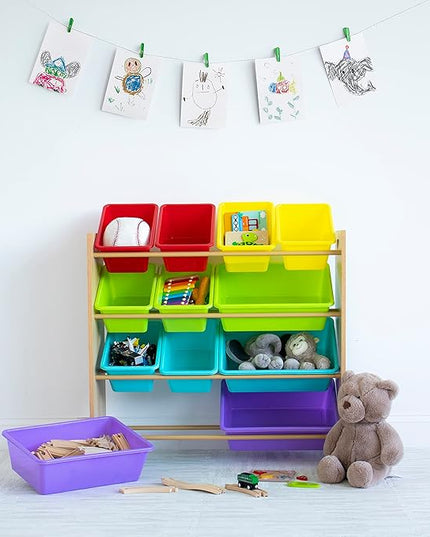 Humble Crew Kids Toy Storage Organizer with 12 Storage Bins, Rainbow/Natural Wood - LeafyLoom