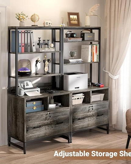 Homieasy File Cabinet with Charging Station, Vertical Filing Cabinet with Lock & Large Drawer, Printer Stand with Storage Shelves, Office Storage Cabinet fits Letter/A4/Legal Size, Grey - LeafyLoom