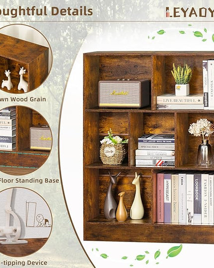 LEYAOYAO 7 Cube Bookshelf with Base,3 Tier Mid-Century Modern Brown Bookcase,Standing Wide Bookshelves Storage Organizer Shelf,Rustic Wood Display Cabinet Book Shelves for Bedroom,Living Room,Office - LeafyLoom