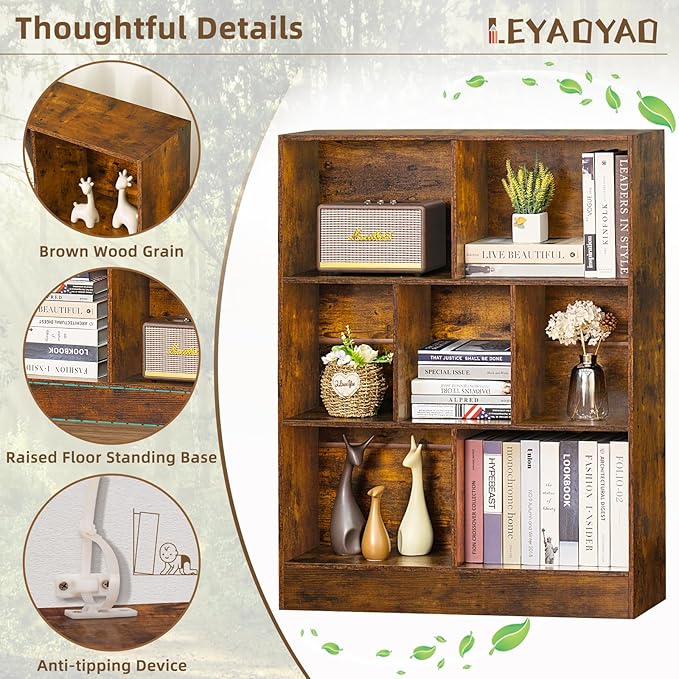 LEYAOYAO 7 Cube Bookshelf with Base,3 Tier Mid-Century Modern Brown Bookcase,Standing Wide Bookshelves Storage Organizer Shelf,Rustic Wood Display Cabinet Book Shelves for Bedroom,Living Room,Office - LeafyLoom
