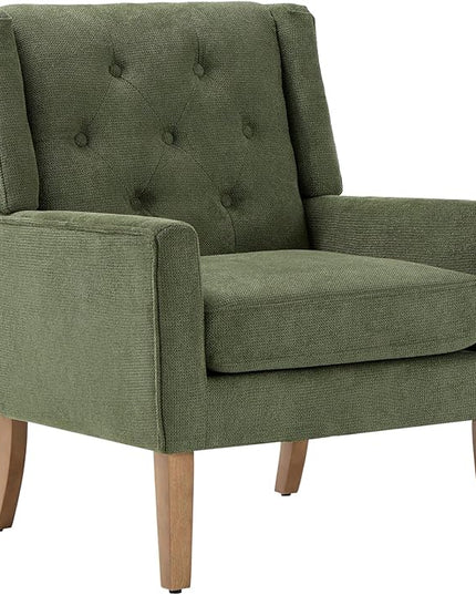 COLAMY Mid-Century Accent Chairs, Modern Wingback Living Room Chair, Upholstered Armchair with Button Tufted Back and Wood Legs for Bedroom/Office/Reading Spaces, Green - LeafyLoom