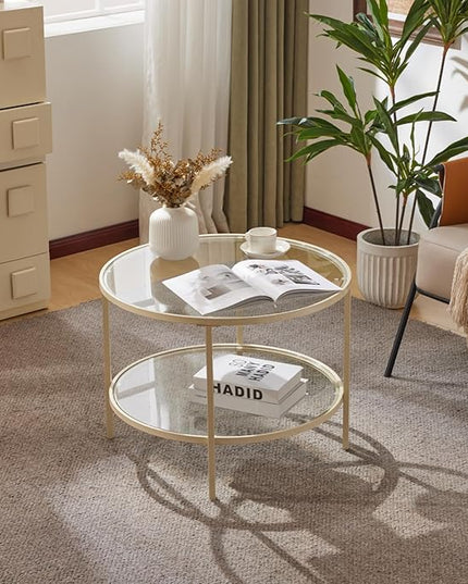 VINGLI Glass Coffee Table, 25.6" Round Coffee Table, Transparent Glass Coffee Tables for Living Room, 2-Tier Coffee Table with Storage, Modern Center Table with a Beige Frame, Mesa de Centro Para Sala - LeafyLoom