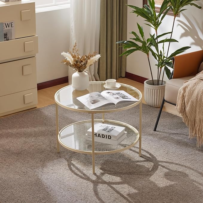VINGLI Glass Coffee Table, 25.6" Round Coffee Table, Transparent Glass Coffee Tables for Living Room, 2-Tier Coffee Table with Storage, Modern Center Table with a Beige Frame, Mesa de Centro Para Sala - LeafyLoom