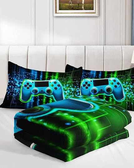 Datura home Video Gamer Comforter Set for Kids Teens Adults,Green Black Gamepad Modern Gamer Gaming Printed Bedding Set with 1 Comforter and 2 Pillowcases(Gamepad Green Full) - LeafyLoom