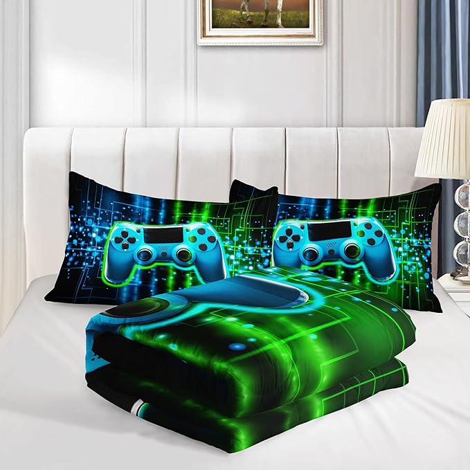Datura home Video Gamer Comforter Set for Kids Teens Adults,Green Black Gamepad Modern Gamer Gaming Printed Bedding Set with 1 Comforter and 2 Pillowcases(Gamepad Green Full) - LeafyLoom