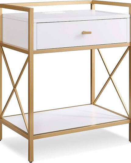 Leick Home 9069-WT Claudette Nightstand Side Table One Drawer Contemporary Fast Station A/C USB Charging Port Integrated Durable Solid Wood Metal Living Room Bedroom Office White/Gold, 24" x 18" x 30" - LeafyLoom