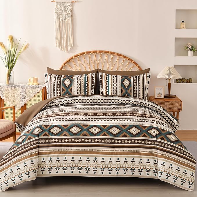 Dinjoy Boho King Size Bed in A Bag 7 Pieces,Brown/Coffee Comforter Set Aztec Striped Bedding Set Bohemian Patchwork Complete Set Geometric Pattern Comforters for Women Men 90"×104" - LeafyLoom