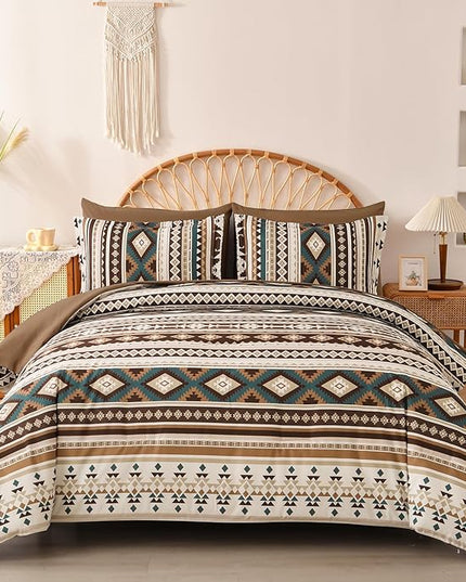 Dinjoy Brown Boho Comforter Set Queen Size,7 Pieces Bed in a Bag Queen Coffee Western Bedding Sets with Sheets Bohemian Geometric Striped Complete Set Aztec for All Seasons Summer 90"x90" - LeafyLoom