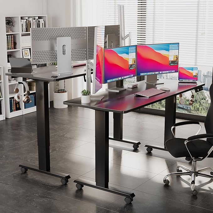 Electric Standing Desk 60 Inch, Ergonomic Height Adjustable Table with T-Shaped Metal Bracket Modern Computer Workstations for Home Office, Black - LeafyLoom