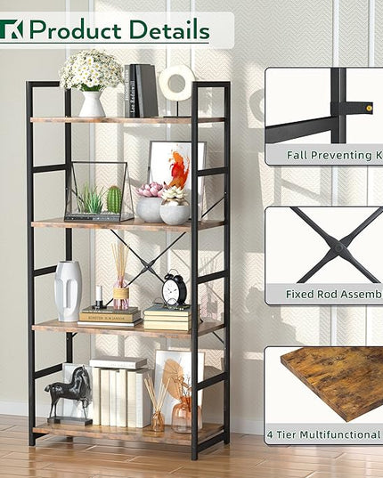 OTK 4 Tier Bookshelf, Tall Bookcase, Office Shelf Storage Organizer, Modern Book Shelf for Living Room, Bedroom, and Home Office, Vintage - LeafyLoom