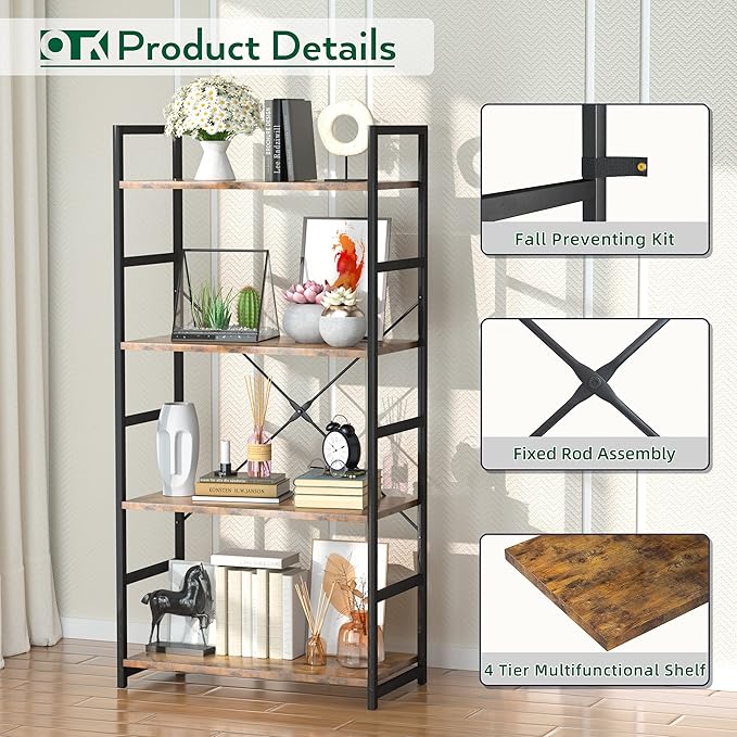 OTK 4 Tier Bookshelf, Tall Bookcase, Office Shelf Storage Organizer, Modern Book Shelf for Living Room, Bedroom, and Home Office, Vintage - LeafyLoom