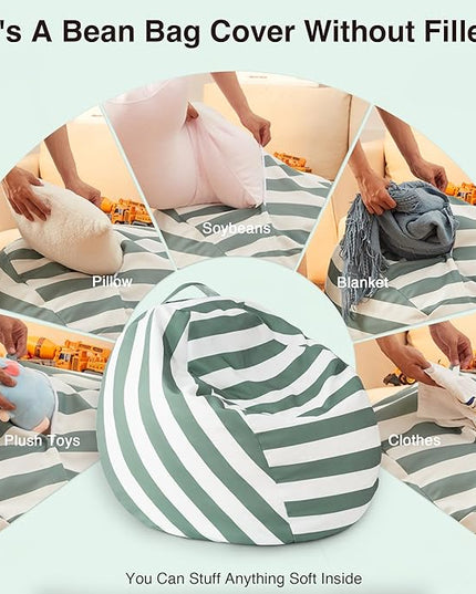 EXQ Home Kids Bean Bag Chairs Cover -Stuffed Animal Bean Bag Storage Green and White Stripes-Zipper Bean Bag for Organizing Children Plush Toys Holiday Gift for Girl,Boys (2XL) - LeafyLoom